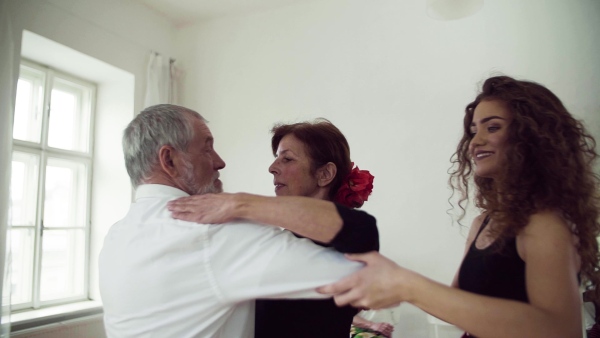 A group of senior people attending dancing class with dance teacher. Slow motion.