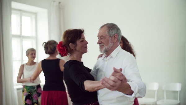 A group of senior people attending dancing class with dance teacher. Slow motion.