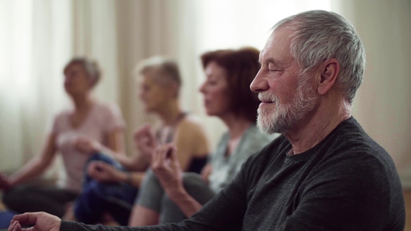 Group of active senior people doing yoga exercise in community center club. Slow motion.