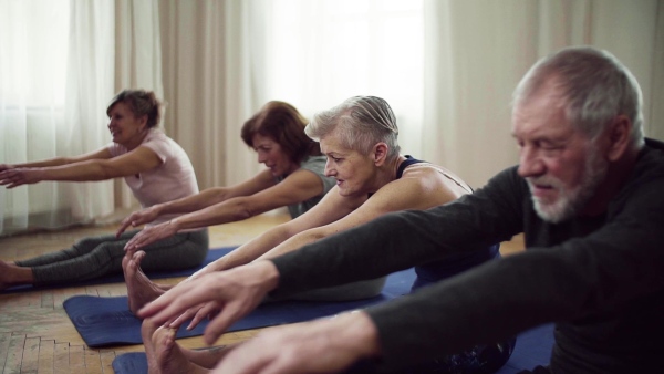 Group of active senior people doing exercise in community center club. Slow motion.