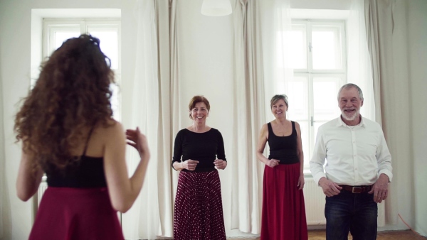 A group of senior people attending dancing class with dance teacher. Slow motion.