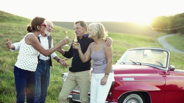 Two senior couples standing by cabriolet on a road trip in summer, clinking bottles. Slow motion.