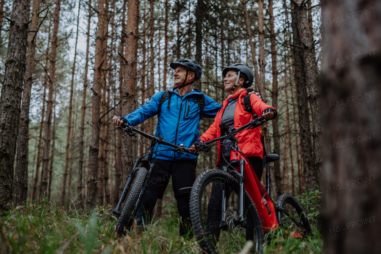 A senior couple bikers with e-bikes admiring nature outdoors in forest in autumn day.