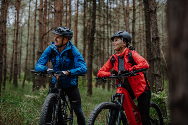 A senior couple bikers with e-bikes admiring nature outdoors in forest in autumn day.