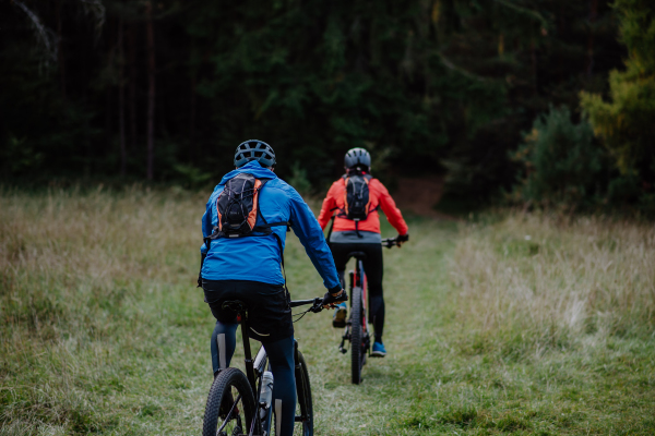 A rear view of active senior couple riding bikes outdoors in forest in autumn day.