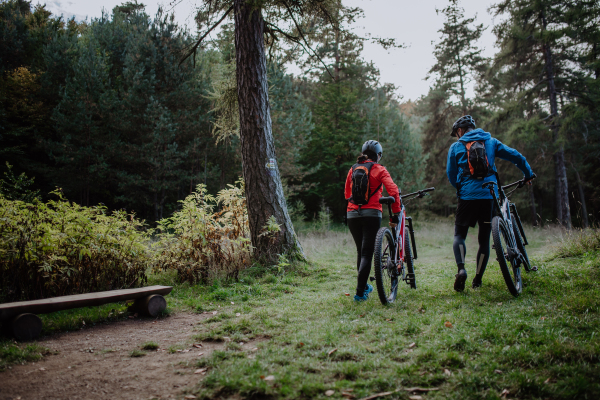 A rear view of senior couple bikers walking and pushing e-bikes outdoors in forest in autumn day.