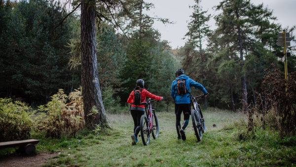 A rear view of senior couple bikers walking and pushing e-bikes outdoors in forest in autumn day.