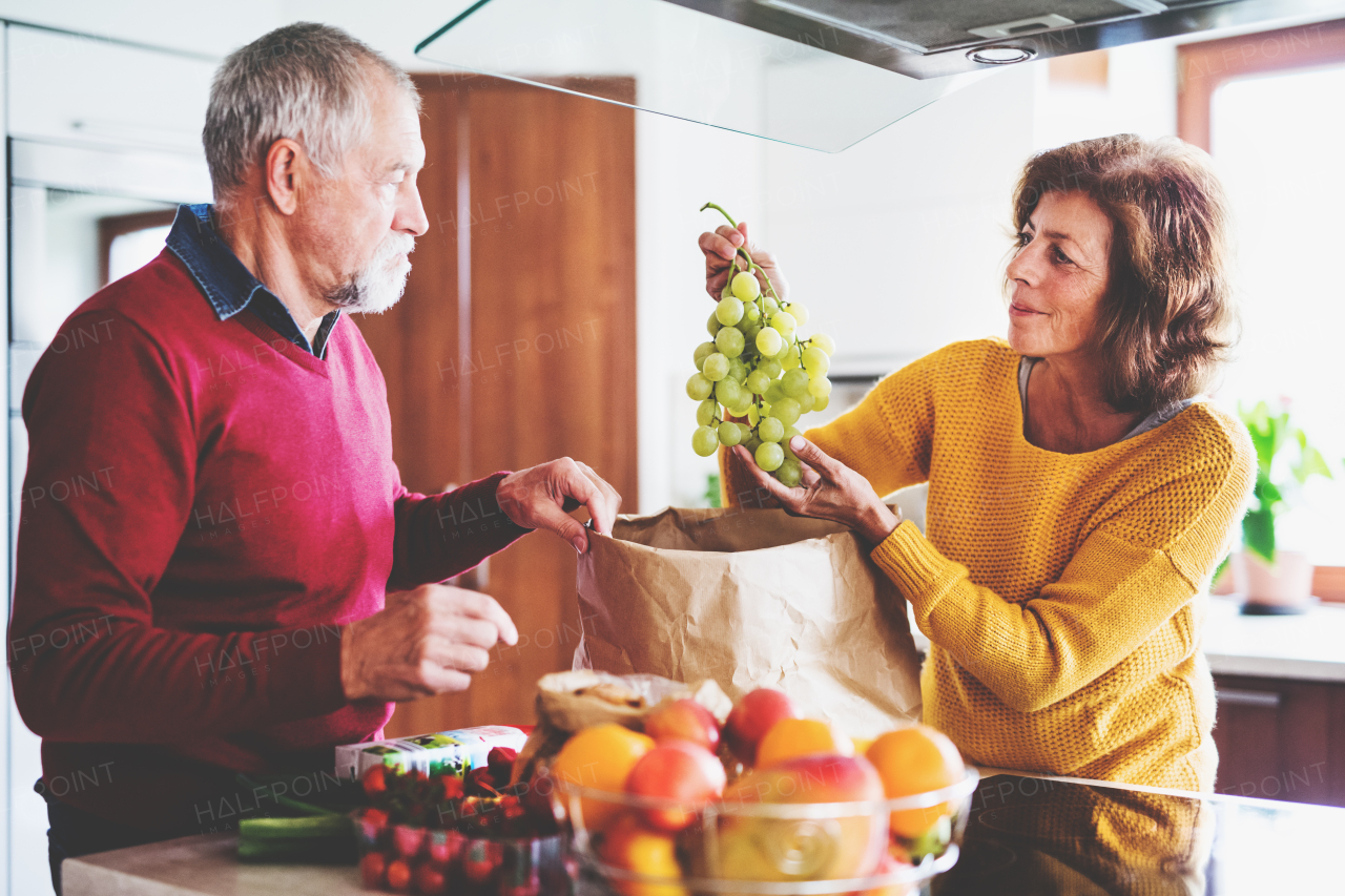 Senior couple unpacking fruit in the kitchen. An old man and woman inside the house.