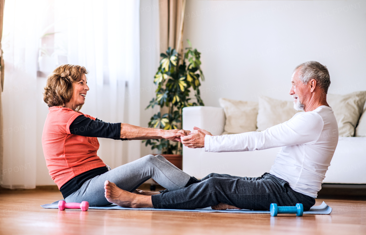 Happy senior couple doing exercise at home.