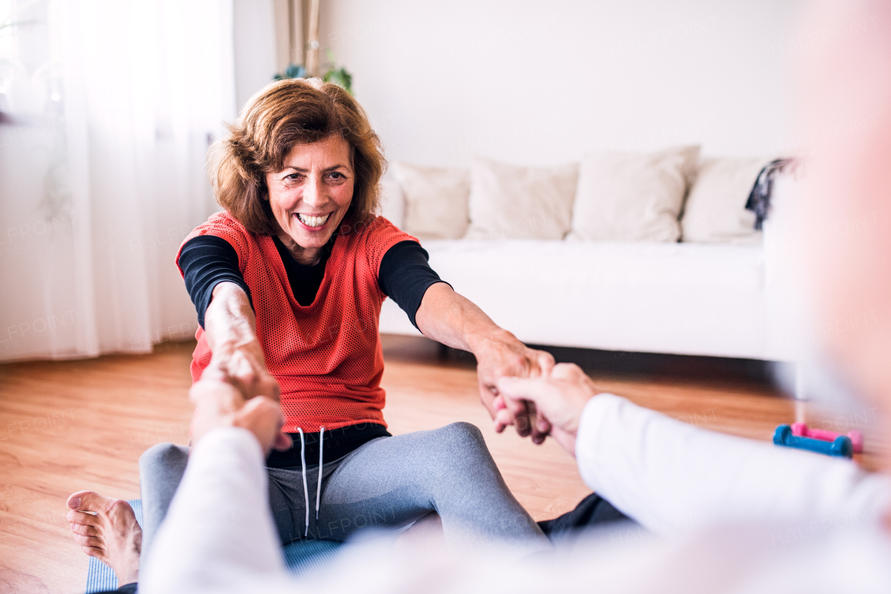 Happy senior couple doing exercise at home.