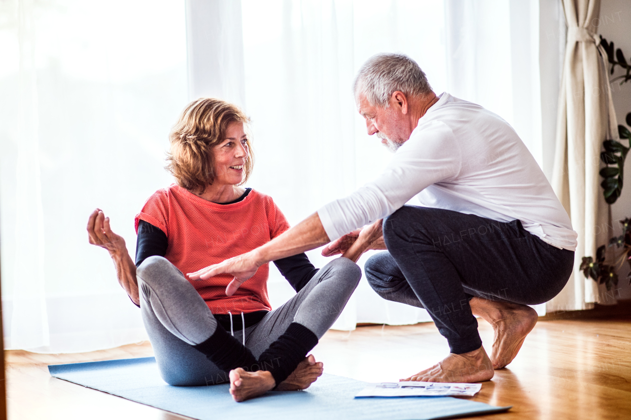 Happy senior couple doing exercise at home.