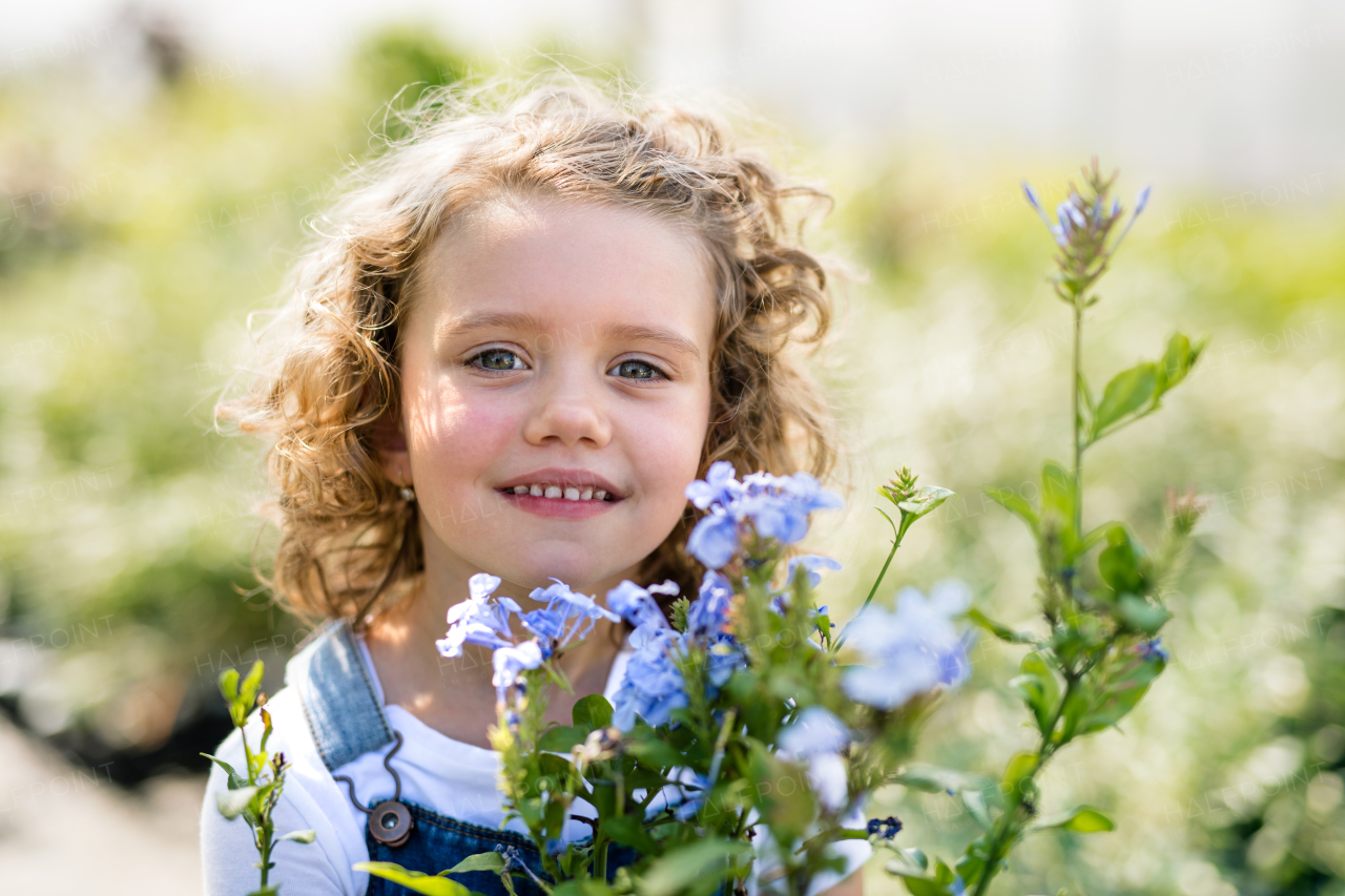 Portrait of cute small girl standing in the backyard garden. Copy space.