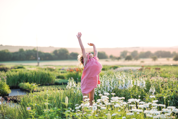 A rear view of small girl running in the backyard garden.