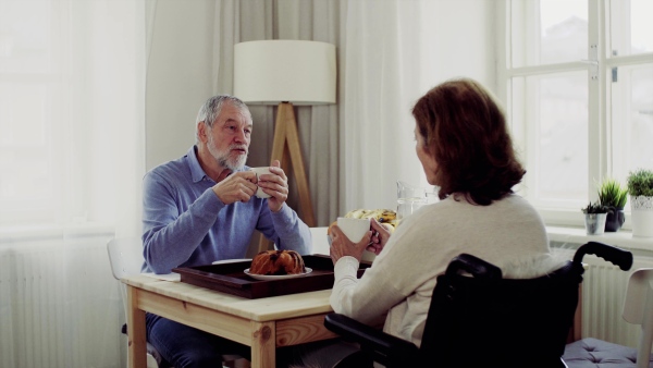 A senior couple with wheelchair sitting at the table at home, having breakfast and talking.