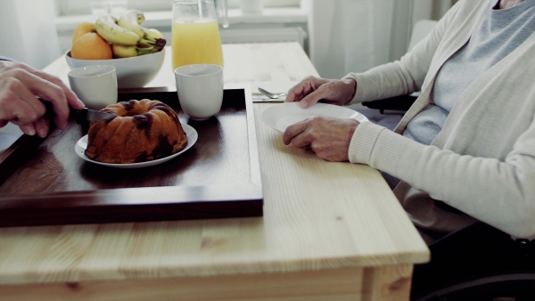 A midsection of unrecognizable senior couple sitting at the table at home, cutting a cake when having breakfast.