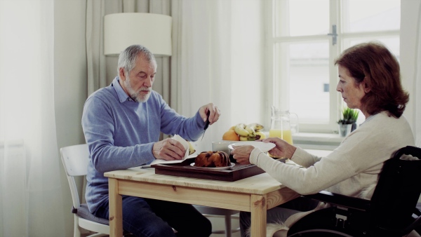 A senior couple with wheelchair sitting at the table at home, having breakfast and talking.