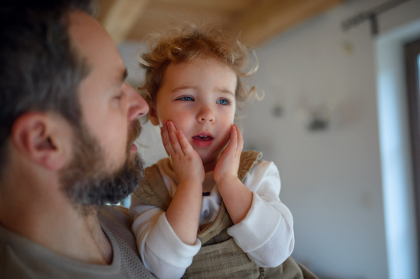 Father with small sick crying toddler daughter indoors at home, holding her.