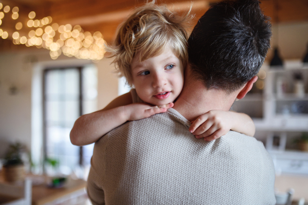 Rear view of father carrying small sick unhappy son indoors at home, comforting him.