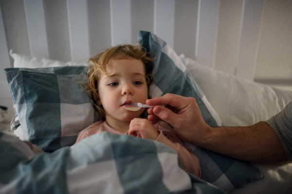 Unrecognizable mature father giving syrup to small sick daughter indoors at home.