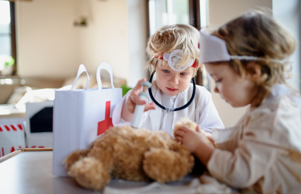 Two small children with doctor uniforms and stethoscope indoors at home, playing.