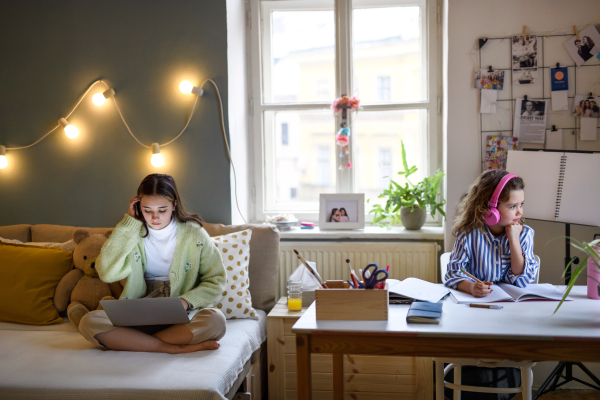 Portrait of sisters schoolgirls learning online indoors at home, coronavirus concept.