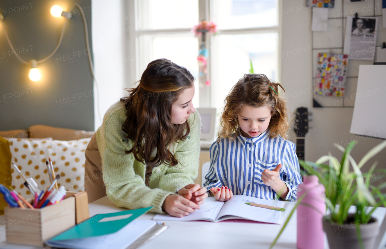 Portrait of sisters schoolgirls learning online indoors at home, coronavirus concept.