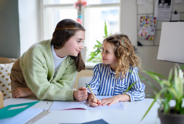 Portrait of sisters schoolgirls learning online indoors at home, coronavirus concept.