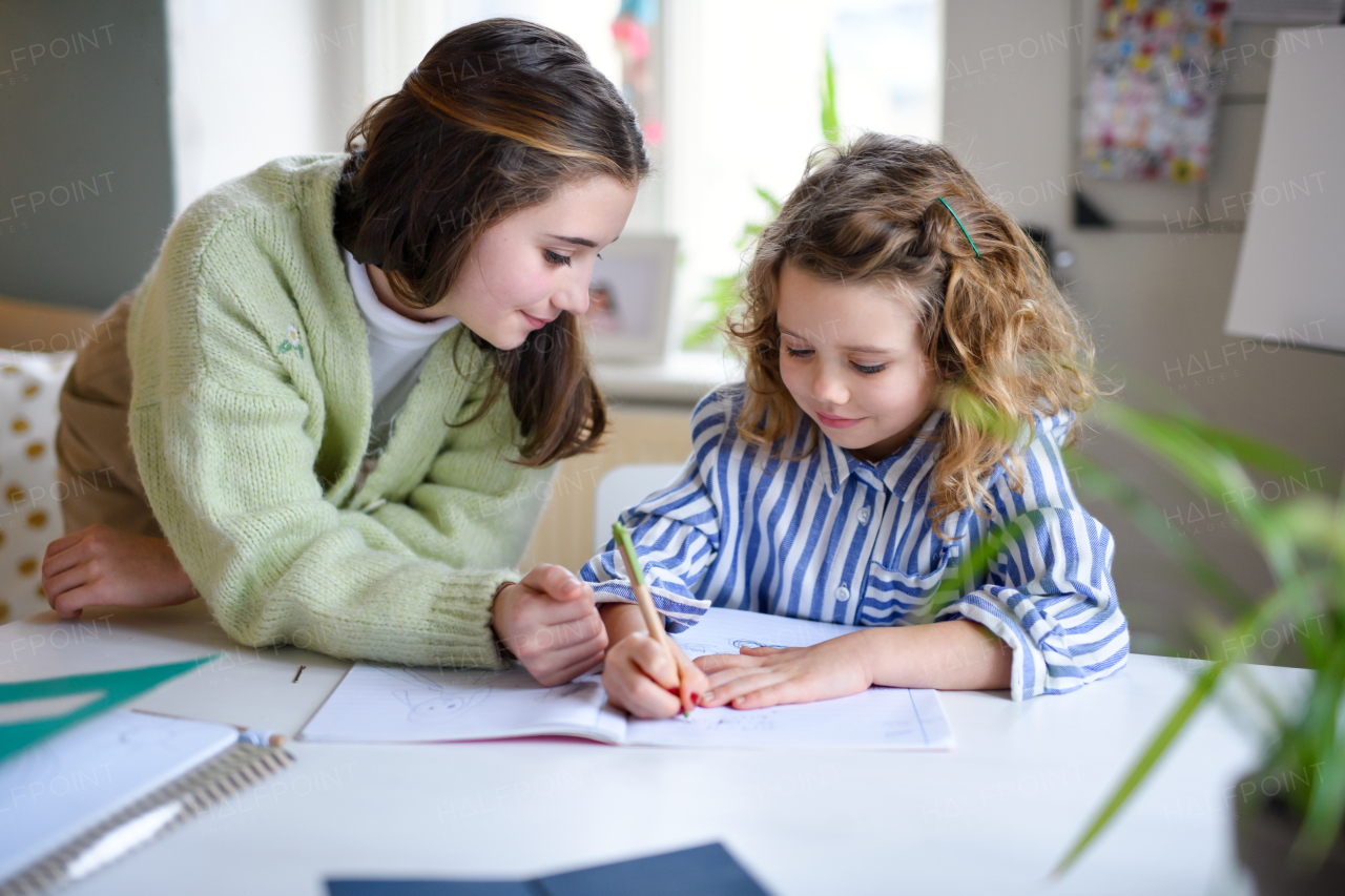 Portrait of sisters schoolgirls learning online indoors at home, coronavirus concept.