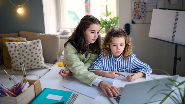 Portrait of sisters schoolgirls learning online indoors at home, coronavirus concept.