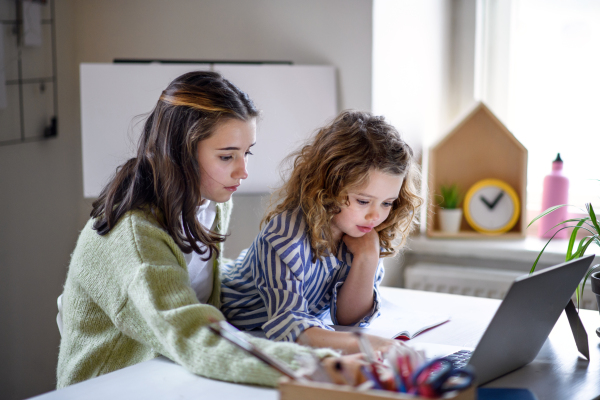 Portrait of sisters schoolgirls learning online indoors at home, coronavirus concept.