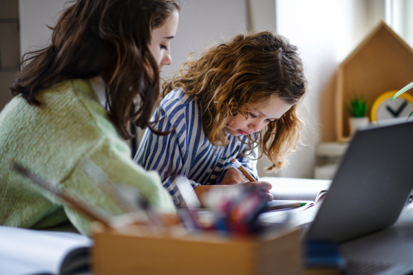 Portrait of sisters schoolgirls with laptop learning online indoors at home, coronavirus concept.