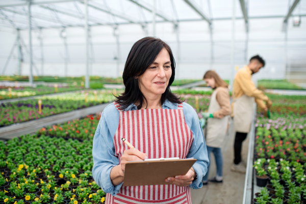 A senior woman with clipboard in greenhouse in garden center, working.