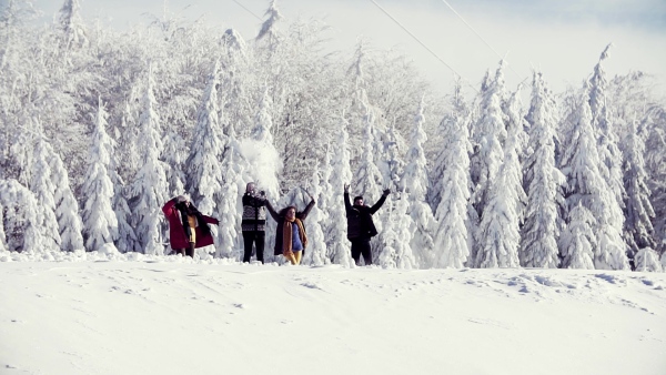 A group of young cheerful friends on a walk outdoors in snow in winter forest, having fun. Slow motion.