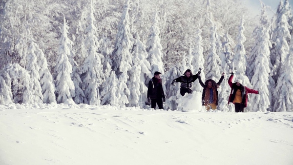 A group of young cheerful friends on a walk outdoors in snow in winter forest, having fun. Slow motion.