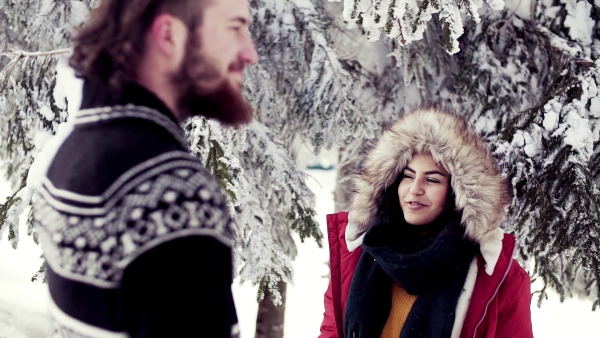 A portrait of couple standing outdoors in snow in winter forest, talking. Slow motion.