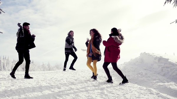 A group of young cheerful friends on a walk outdoors in snow in winter forest, having fun. Slow motion.