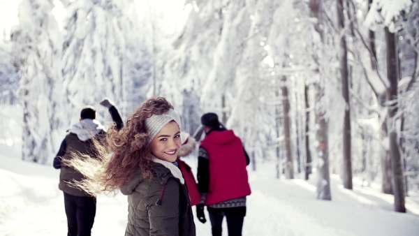 Rear view of group of young friends on a walk outdoors in snow in winter forest. Slow motion.