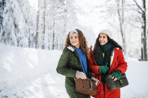 Front view of young cheerful friends on a walk outdoors in snow in winter forest.