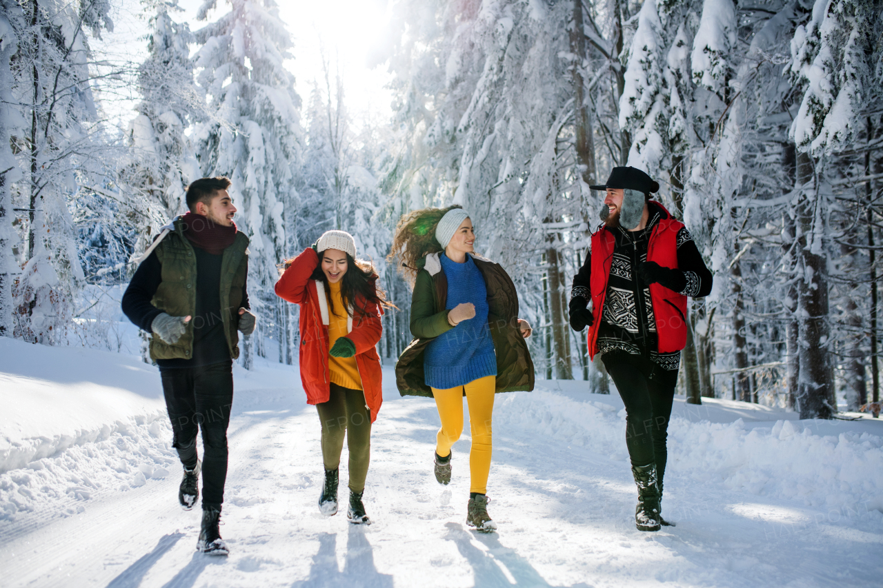 A group of young cheerful friends on a walk outdoors in snow in winter forest, running.