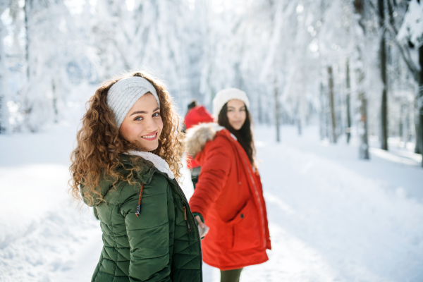 Rear view of young cheerful friends on a walk outdoors in snow in winter forest, looking back.