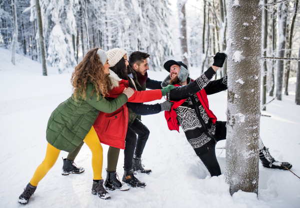 A group of young cheerful friends on a walk outdoors in snow in winter forest, having fun.