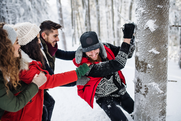 A group of young cheerful friends on a walk outdoors in snow in winter forest, having fun.