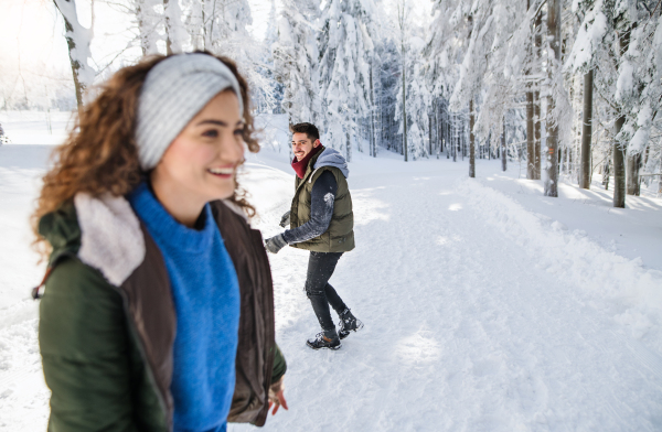 A portrait of young cheerful woman with friends standing outdoors in snowy winter forest.