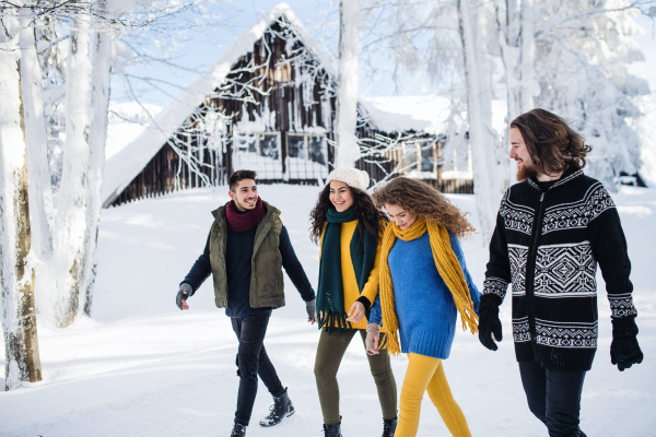 A group of young cheerful friends on a walk outdoors in snow in winter, holding hands.