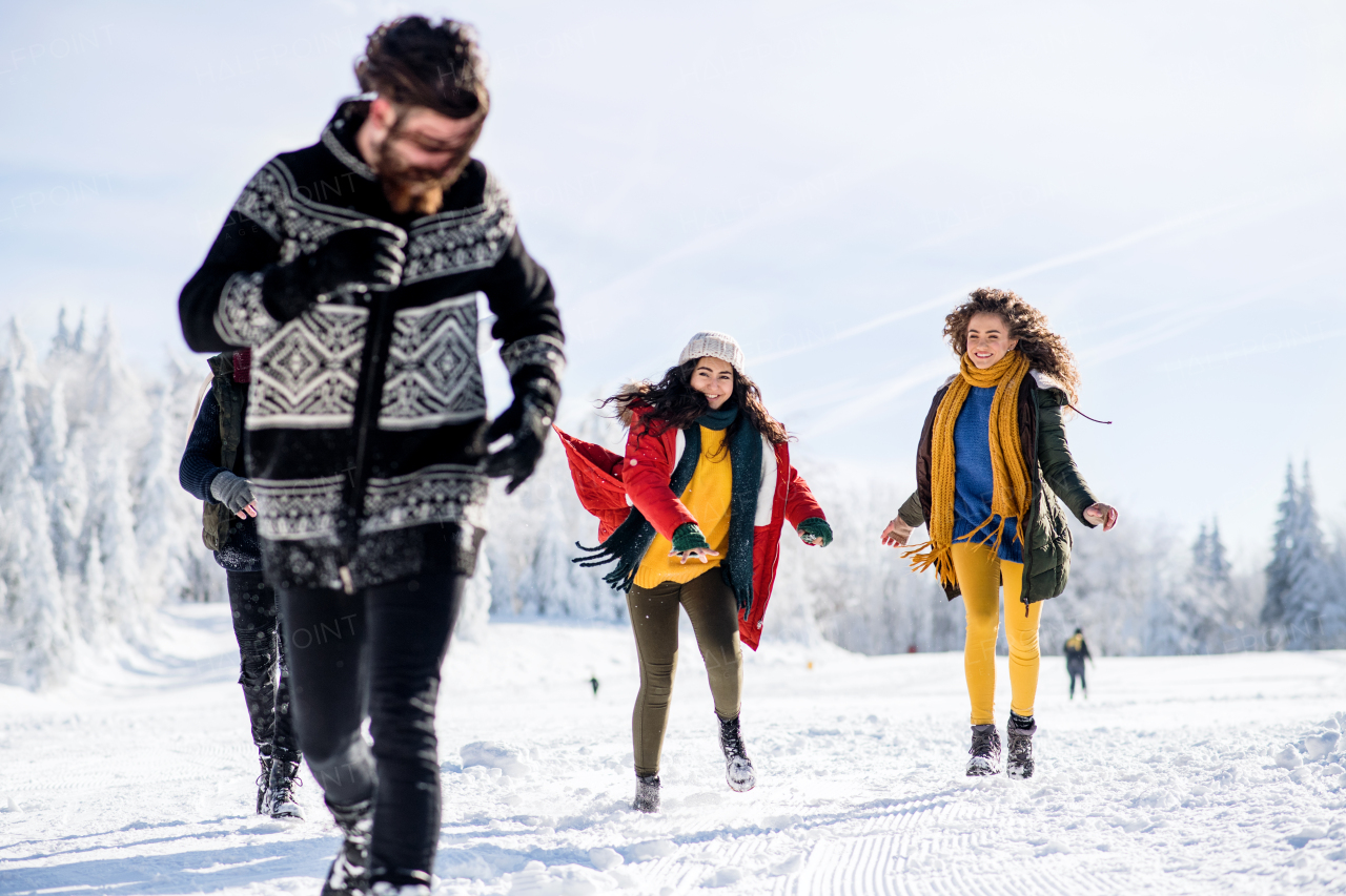 A group of young cheerful friends on a walk outdoors in snow in winter forest, having fun.