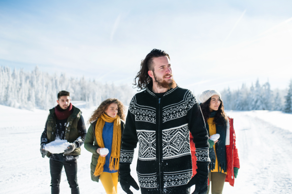 A group of young cheerful friends on a walk outdoors in snow in winter forest, having fun.