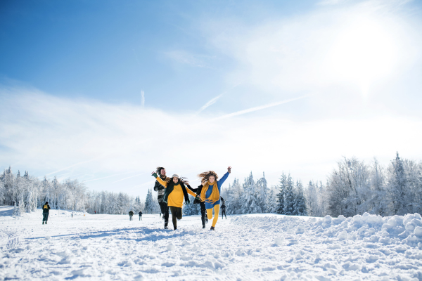 A group of young cheerful friends on a walk outdoors in snow in winter forest, running.