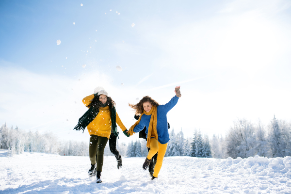 A group of young cheerful friends on a walk outdoors in snow in winter forest, having fun.