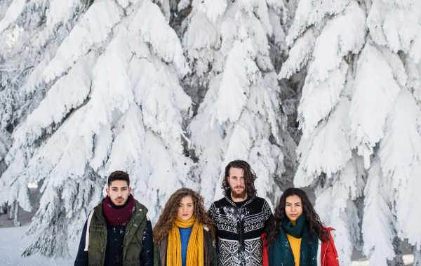 A group of young cheerful friends on a walk outdoors in snow in winter, looking at camera.