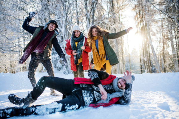 A group of young cheerful friends on a walk outdoors in snow in winter forest, having fun.